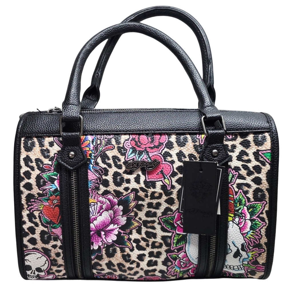 Ed‎ Hardy Satchel Handbag Cheetah Leopard Print Skull Roses Tattoo NWT RV $100